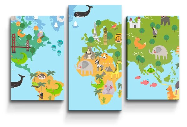 Sablio Obraz - 3-dílný Zvieracia mapa sveta - 75x50 cm