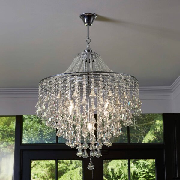 Luster Dorchester, krištáľové sklo, 5 svetiel, Ø 64 cm, E14, Chrómová / strieborná, Obývacia izba / jedáleň, Sklo, Starožitný, Závesné svietidlo