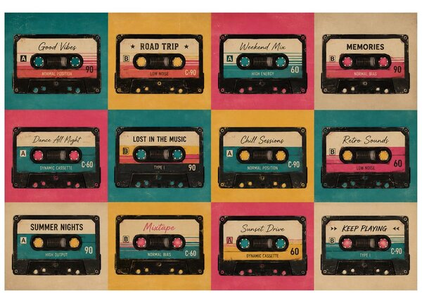 Tapeta retro farebné audiokazety