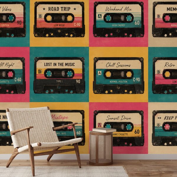 Tapeta retro farebné audiokazety