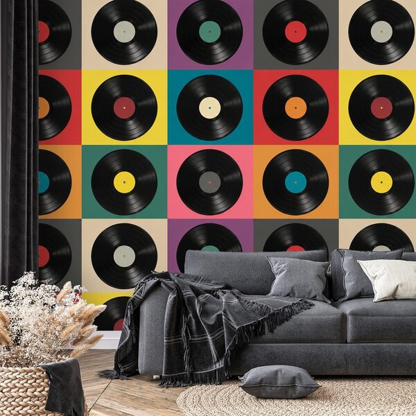 Tapeta retro vinylové platne na farebnom pozadí