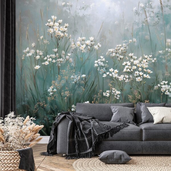 Fototapeta jemné biele kvety na modrozelenom pozadí