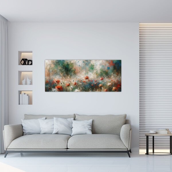 Obraz – Abstrakcia poľa s makmi (120x50 cm)