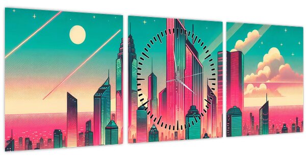 Obraz – Veľkomesto v pop-art štýle (s hodinami) (90x30 cm)