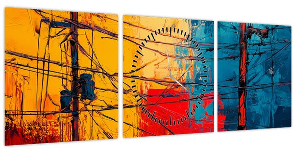 Obraz - Abstraktné elektrické vedenie (s hodinami) (90x30 cm)