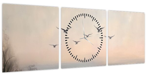 Obraz - Hejno vtákov (s hodinami) (90x30 cm)
