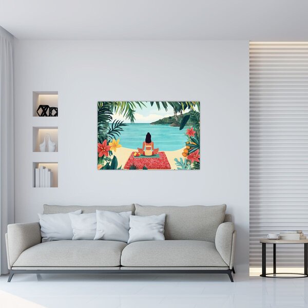 Obraz - Jogínka na pláži (90x60 cm)