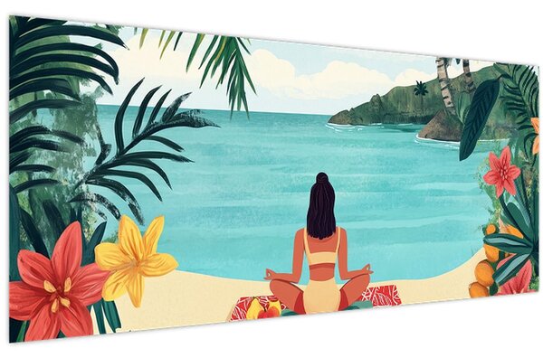 Obraz - Jogínka na pláži (120x50 cm)