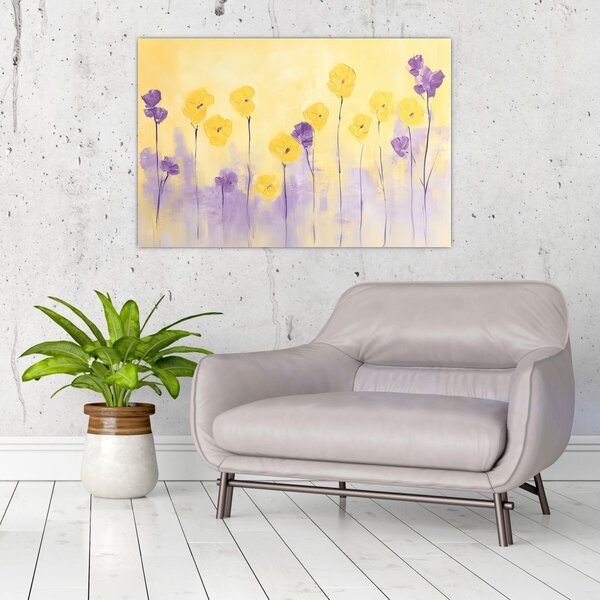 Obraz - Fialové a žlté kvietky (90x60 cm)