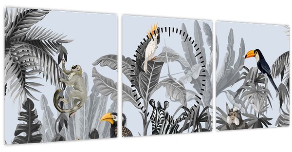 Obraz - Ilustrovaná džungľa (s hodinami) (90x30 cm)