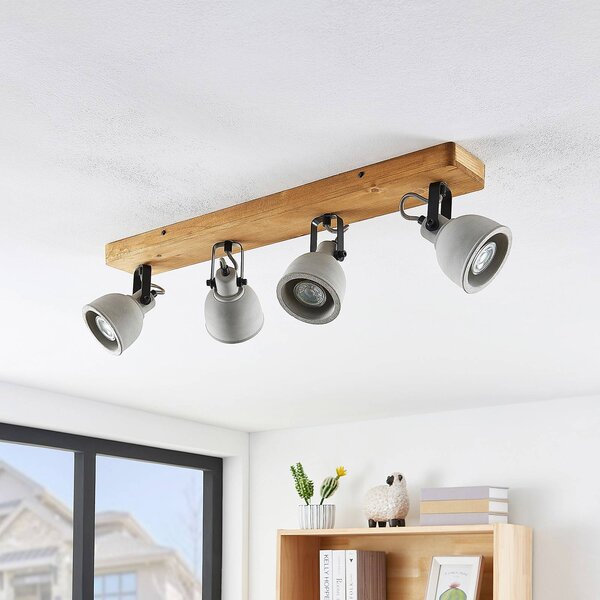 Lindby Spot Mitis, 70 cm, 4 svetlá, sivá, drevo, betón, GU10, Tmavé drevo, Obývacia izba / jedáleň, Drevo, Industriálny dizajn, Stropné svetlo