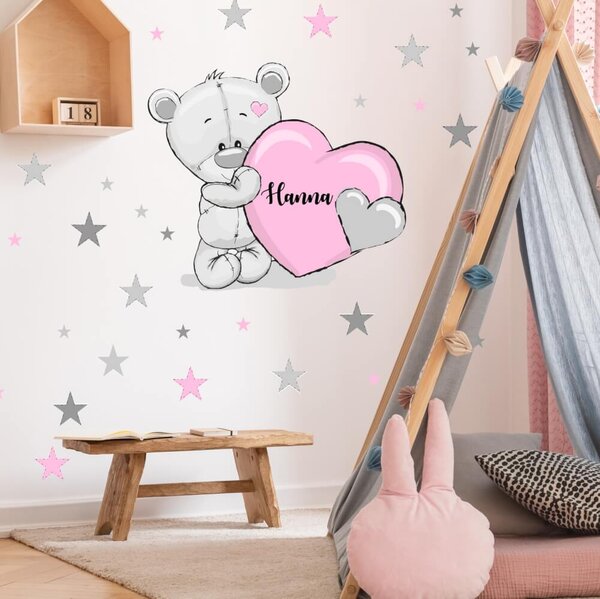Samolepky na stenu - Medvedík s ružovým srdiečkom a menom