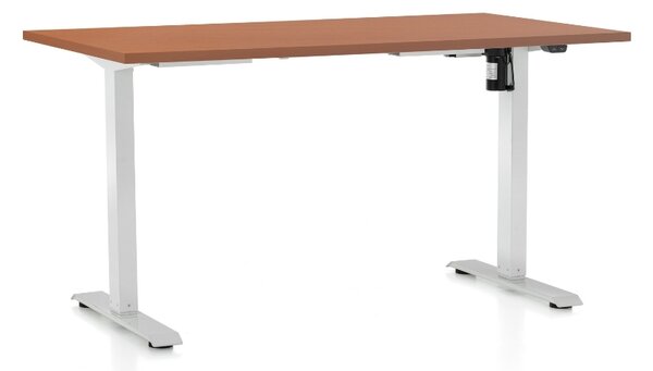 Výškovo nastaviteľný stôl OfficeTech A, 140 x 80 cm, biela podnož, čerešňa
