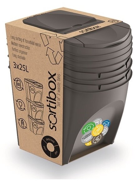 Set košov na triedený odpad II, 3 x 25 l, sivá