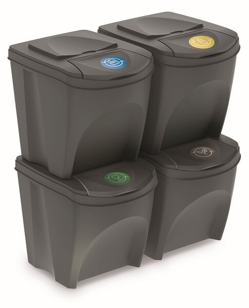 Set košov na triedený odpad II, 4 x 25 l, sivá