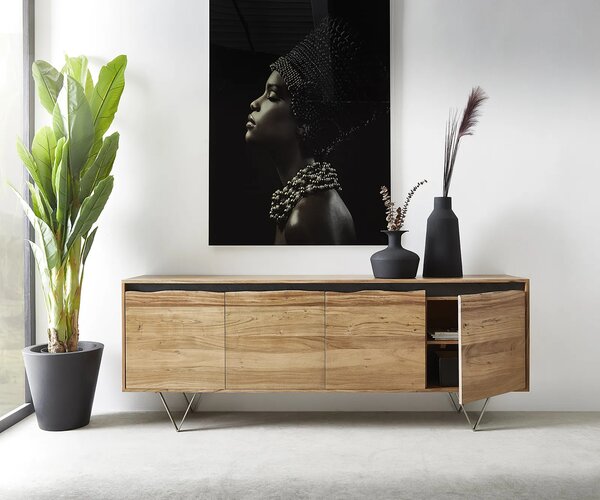 DELIFE Komoda Stonegrace 200x45 cm akácia prírodná 4 dvierka s hranou z masívu