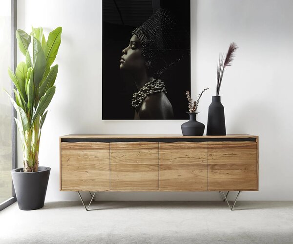 DELIFE Komoda Stonegrace 200x45 cm akácia prírodná 4 dvierka s hranou z masívu