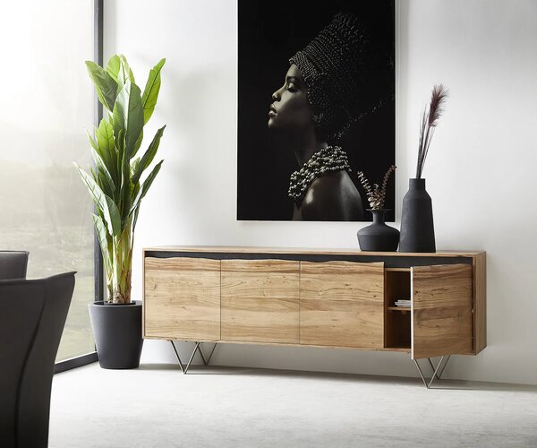 DELIFE Komoda Stonegrace 200x45 cm akácia prírodná 4 dvierka s hranou z masívu