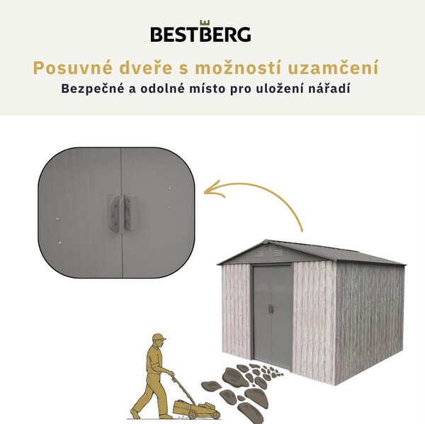 Záhradný domček BestBerg ZDB-7SD / 7,2 m² / 301 x 238 x 214 cm / dekor biele drevo / sivá