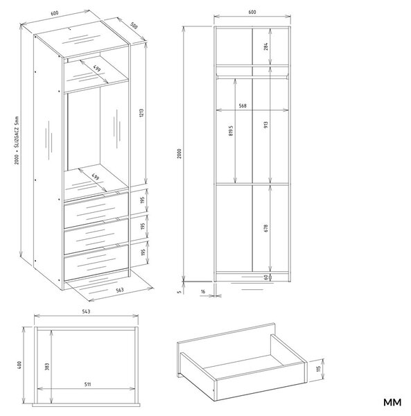 TP Living Modulární otevřená šatní skříň Openo 1W1P3S 60 cm bílá