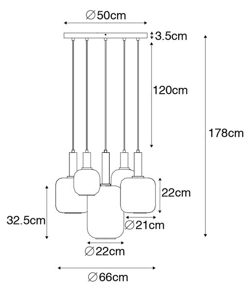 Závesná lampa čierna so zlatom a dymovým sklom vrátane 5 PUCC - Zuzanna