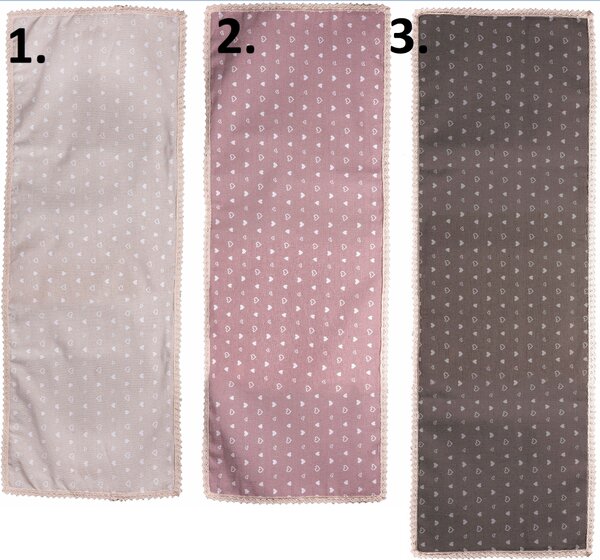 Textilný obrus so srdiečkovým motívom a krajkovaným lemom v troch farebných prevedeniach 34 x 120 cm 39738