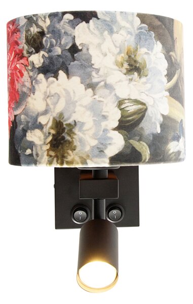 Nástenná lampa čierna s lampou na čítanie a tienidlom 18 cm kvetinový - Brescia
