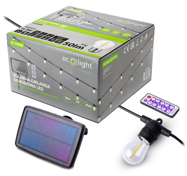 ECOLIGHT Solárna záhradná girlanda LED 10 m + 10x žiarovka
