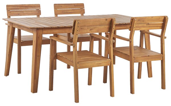 Záhradná jedálenská súprava svetlý stôl z akáciového dreva 180 x 90 cm 4 drevené stoličky rustikálny štýl