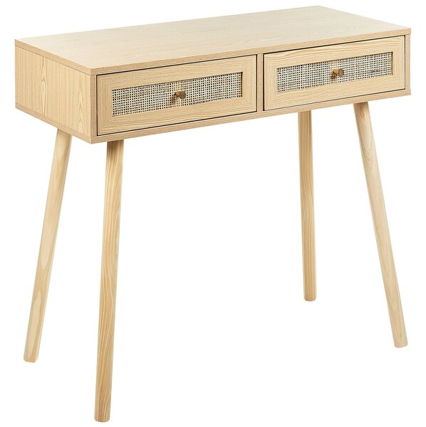 Konzolový stolík svetlé drevo drevotrieska drevené nohy 88 x 40 x 79 cm 2 ratanové zásuvky nábytok do predsiene boho dizajn