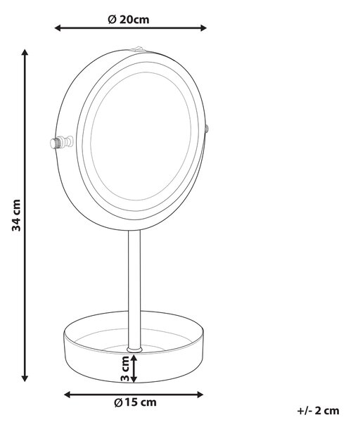 Kozmetické zrkadlo strieborná biela železný kovový rám ø 20 cm keramický stojan s LED svetlom 1x/5x zväčšovacie sklo obojstranné