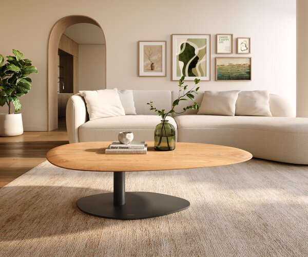 DELIFE Konferenčný stolík Edge oválny 140x75 cm dub prírodný okrúhla hrana Vibany kov čierna
