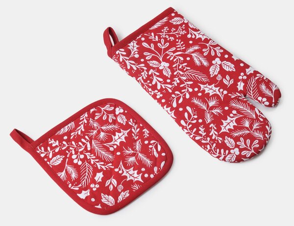 Sinsay - Vianočná súprava: kuchynská rukavica a podložka pod hrniec s rastlinným vzorom 2 pack - červená
