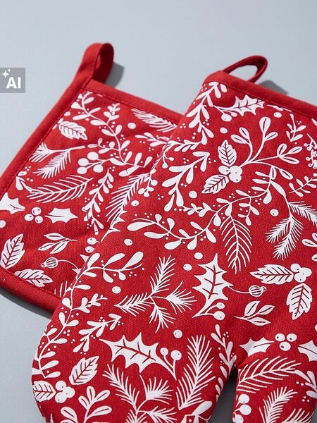 Sinsay - Vianočná súprava: kuchynská rukavica a podložka pod hrniec s rastlinným vzorom 2 pack - červená