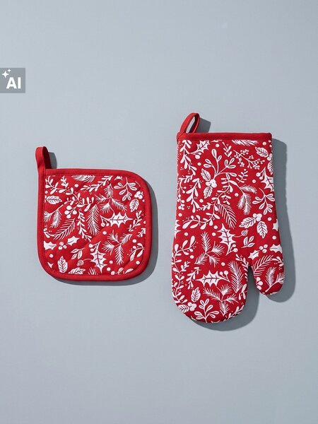 Sinsay - Vianočná súprava: kuchynská rukavica a podložka pod hrniec s rastlinným vzorom 2 pack - červená