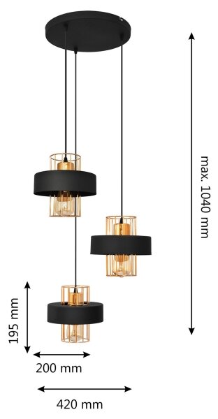 Luster na lanku VOLTA 3xE27/15W/230V čierna/zlatá