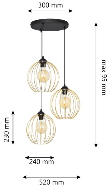 Luster na lanku MERCURE 3xE27/15W/230V zlatá/čierna