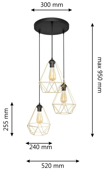 Luster na lanku KARO 3xE27/15W/230V zlatá/čierna