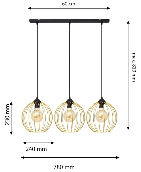 Luster na lanku MERCURE 3xE27/15W/230V zlatá/čierna