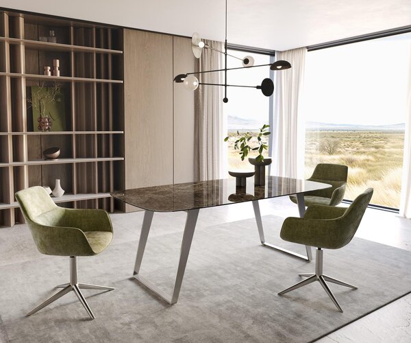 DELIFE Jedálenský stôl Edge zaoblený tvar 200x100 cm keramika Laminam® Emperador Extra Lucidato tmavohnedá nerezová oceľ šikmý