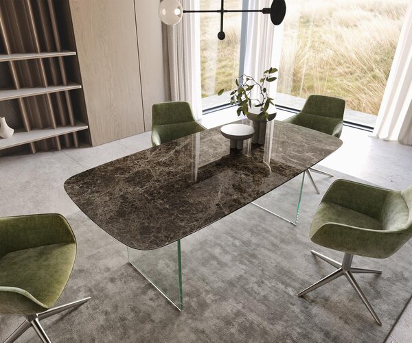 DELIFE Jedálenský stôl Edge oválny 200x100 keramika Laminam® Emperador Extra Lucidato tmavohnedý podstava sklo