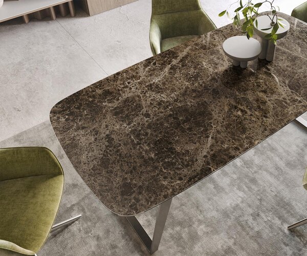 DELIFE Jedálenský stôl Edge zaoblený tvar 200x100 cm keramika Laminam® Emperador Extra Lucidato tmavohnedá nerezová oceľ šikmý