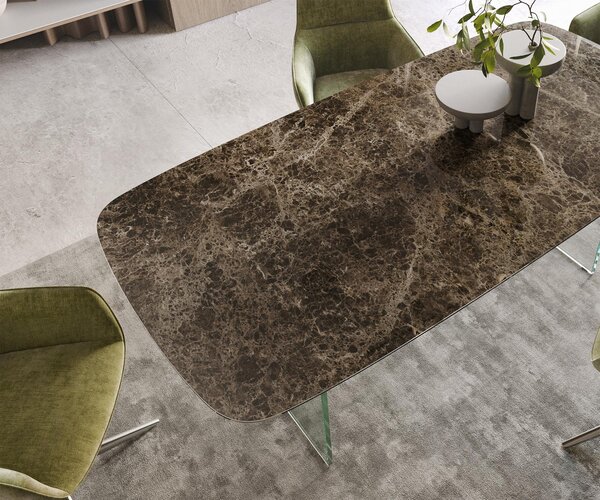 DELIFE Jedálenský stôl Edge oválny 200x100 keramika Laminam® Emperador Extra Lucidato tmavohnedý podstava sklo