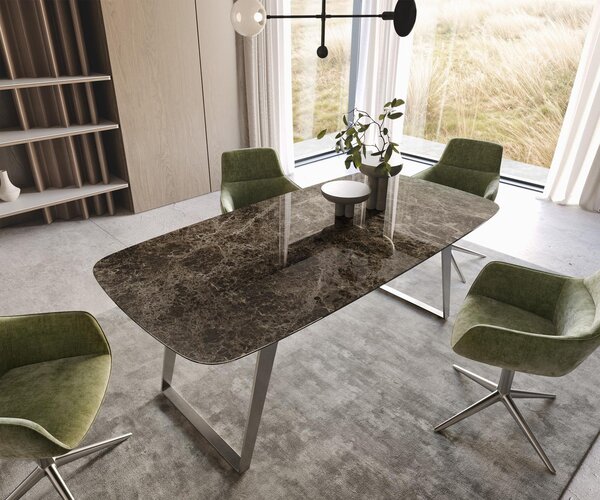 DELIFE Jedálenský stôl Edge zaoblený tvar 200x100 cm keramika Laminam® Emperador Extra Lucidato tmavohnedá nerezová oceľ šikmý