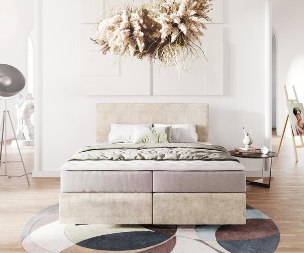 DELIFE Boxspring posteľ Dream-Well 160×200 cm manšester béžová s vreckovou pružinovou matracou a visco topperom