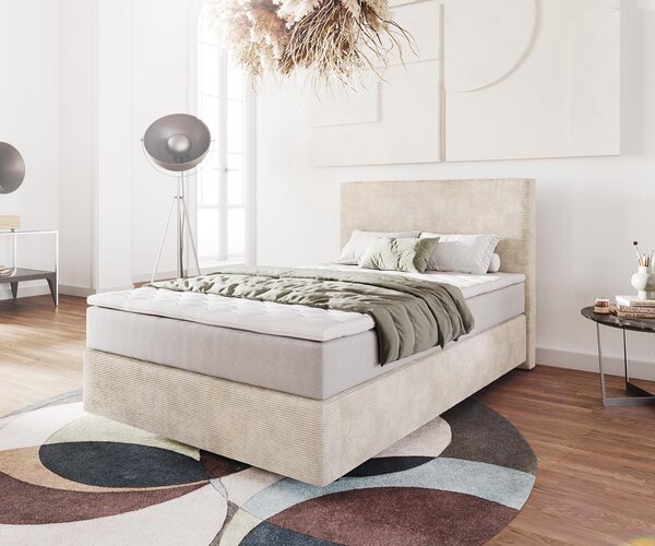 DELIFE Boxspring posteľ Dream-Well 120x200 cm manšester béžová s vreckovou pružinovou matracou a visco topperom