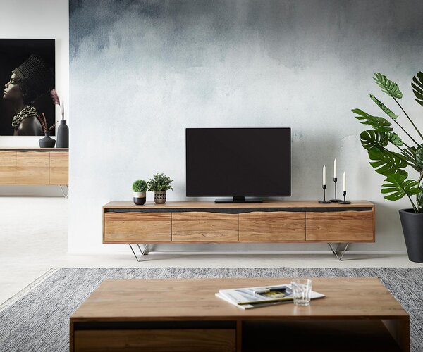 DELIFE TV stolík Stonegrace 220x35 cm akácia prírodná 4 dvierka masívna hrana