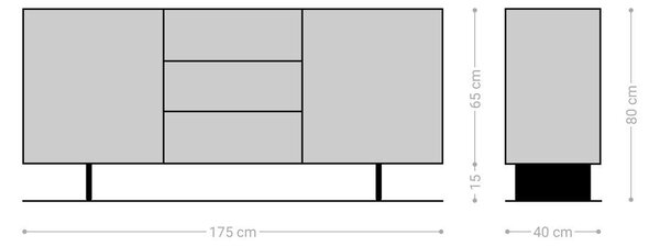 DELIFE Komoda Solu 175 cm dub prírodná 2 dvierka 3 zásuvky závesná kov čierna 3D čelá