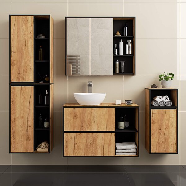 Ak furniture Závesná kúpeľňová skrinka so zrkadlom VAMI 90 cm dub remeselný/čierna