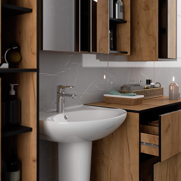 Ak furniture Závesná kúpeľňová skrinka so zrkadlom VAMI 90 cm dub remeselný/čierna